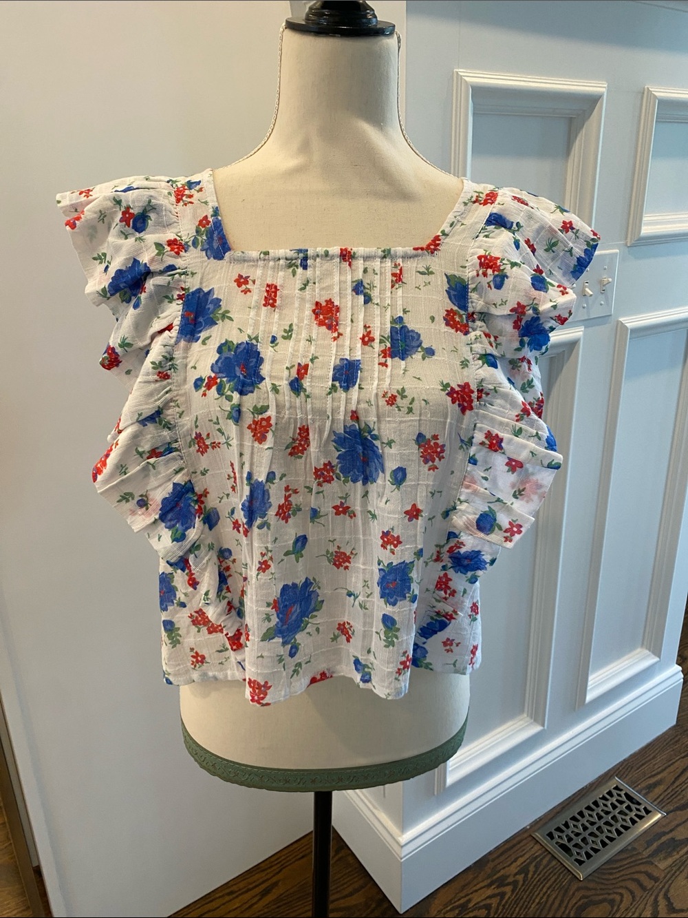 LoveShackFancy White Floral Ruffle Square-Neck Blouse with Blue & Red Flowers